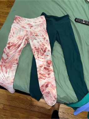 Old Navy Teal Solid Leggings + Pink Marble Print Leggings